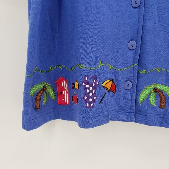BECHAMEL Vacation Themed Embroidered Blue Cotton Button Down Top M - Picture 2 of 9